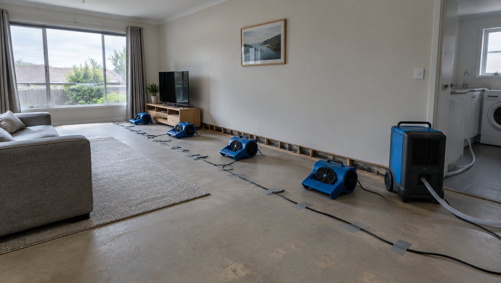 Four low-profile air movers positioned around a stripped room with a dehumidifier in the corner