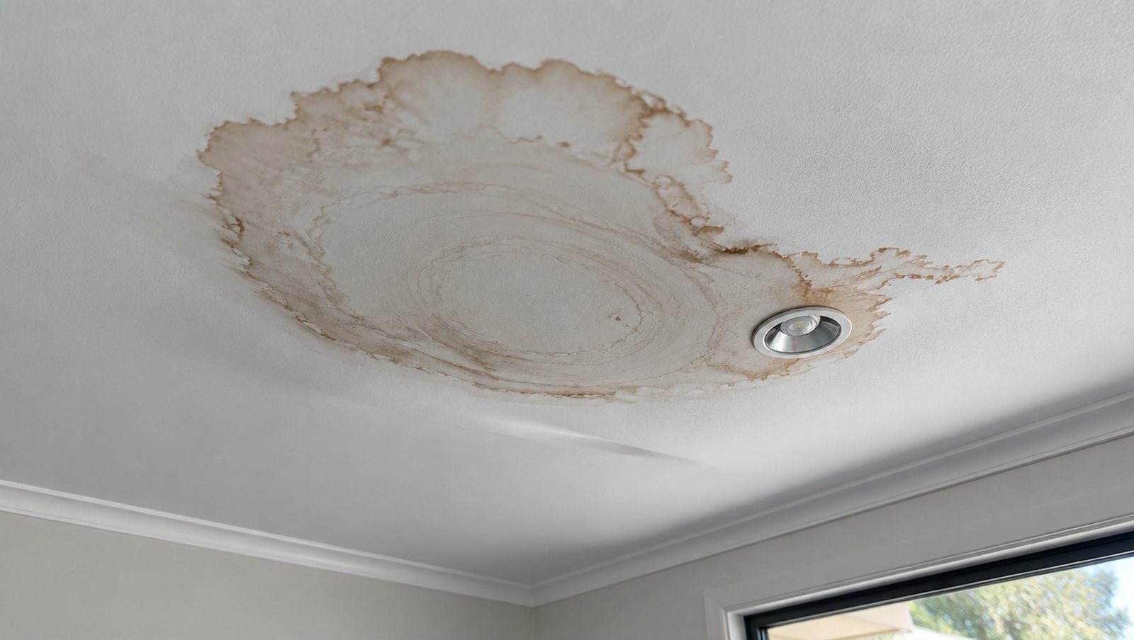 Brown-ringed water stain spreading across a painted ceiling near a downlight