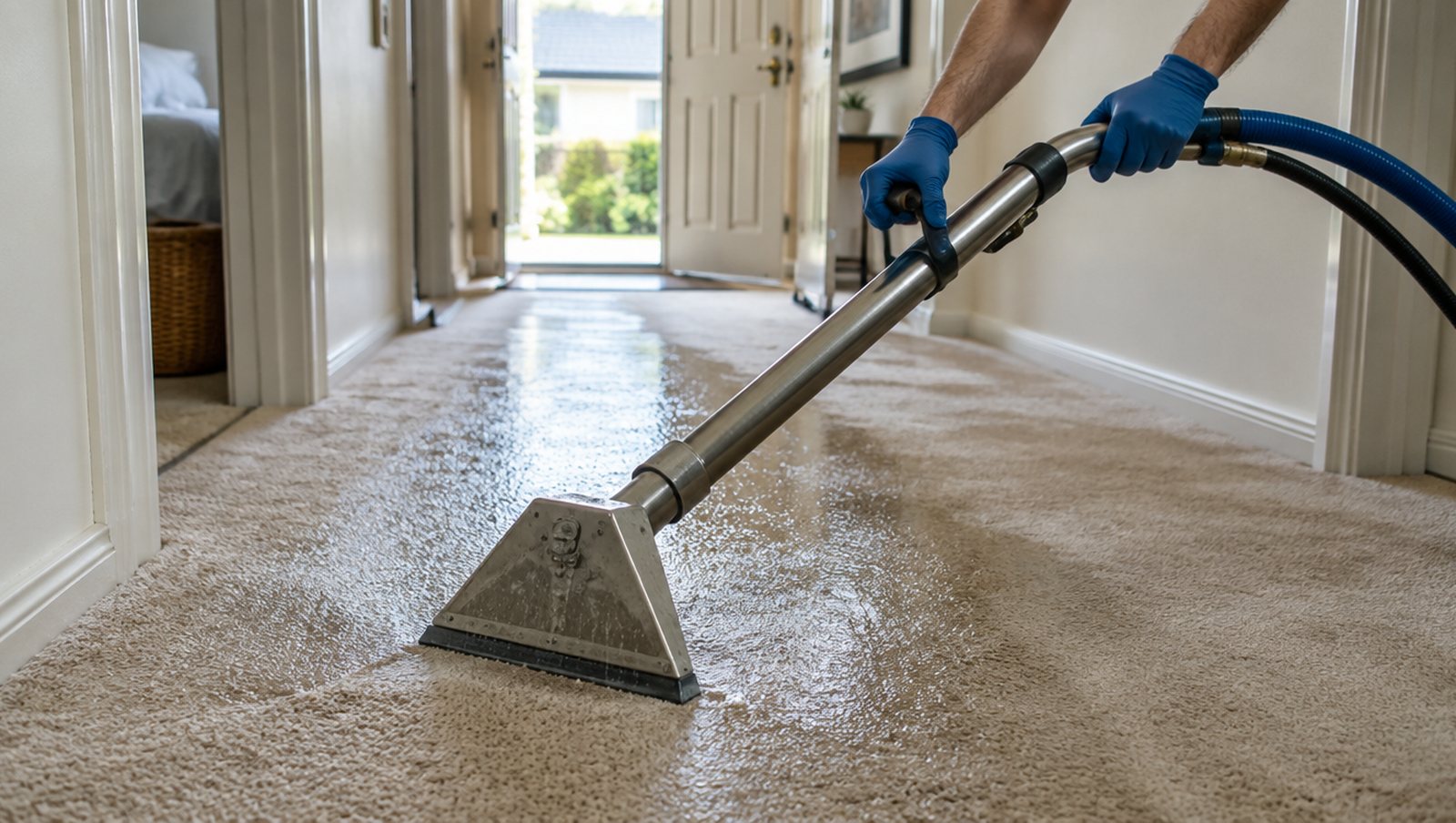 Gloved hands guiding a weighted extraction head across soaked carpet in a hallway