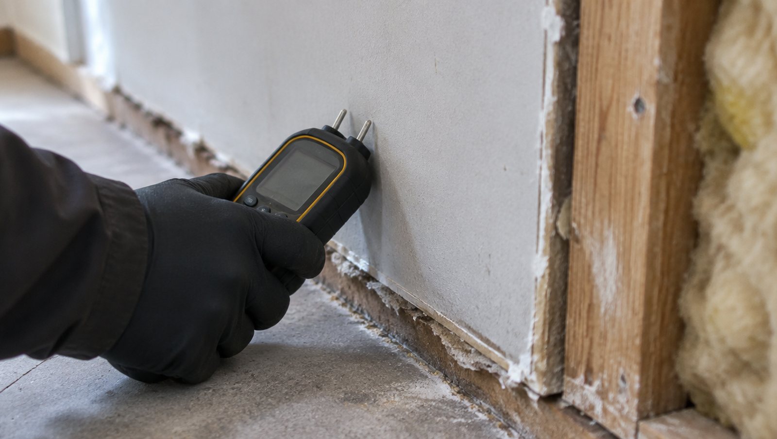 Gloved hand holding a moisture meter against the base of a plasterboard wall