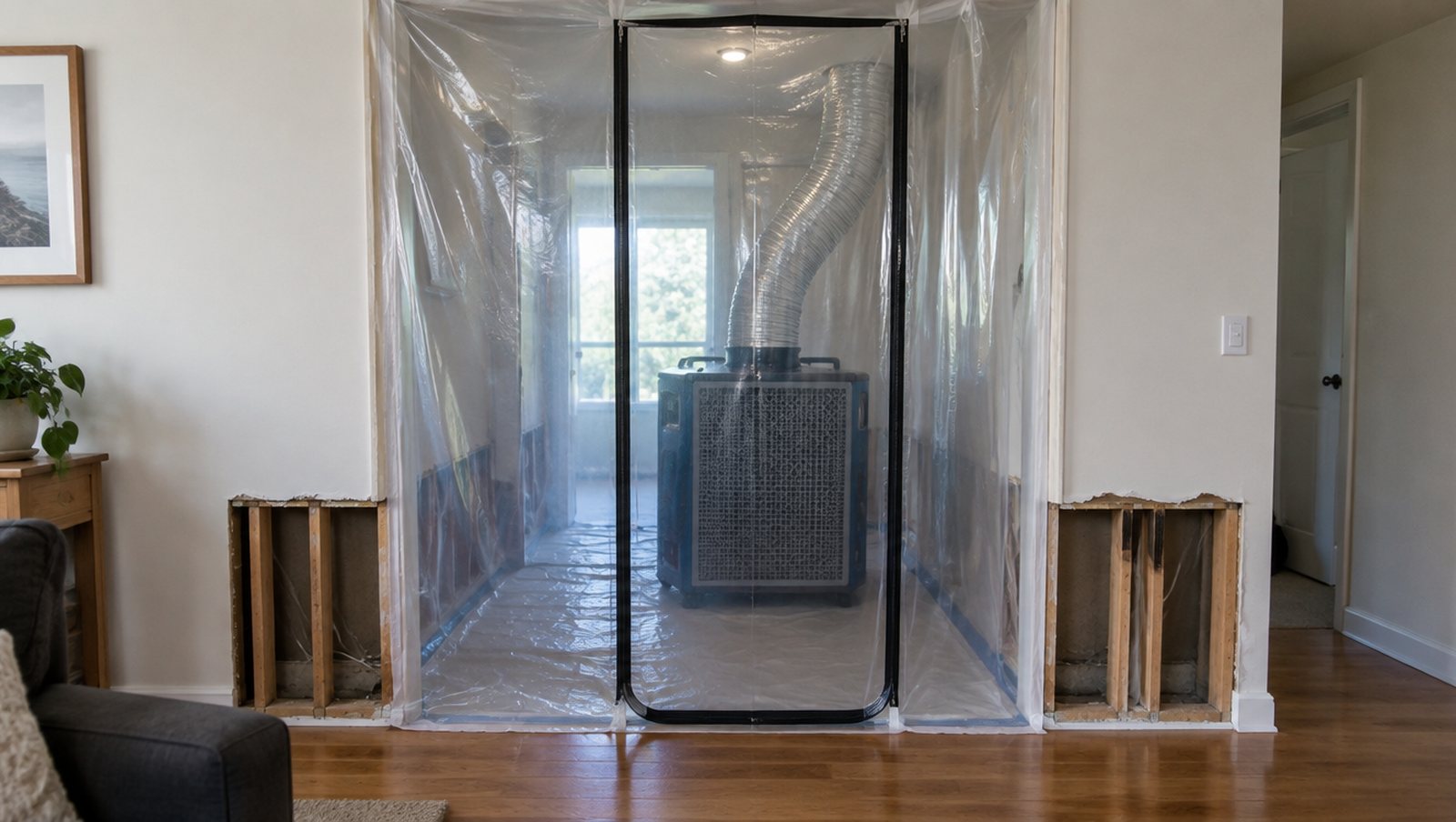 Plastic containment sheeting sealing a doorway with a HEPA filtration unit running behind it
