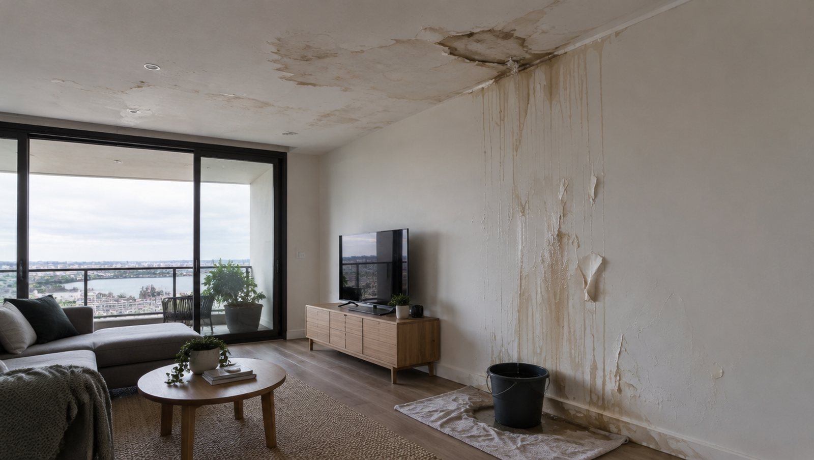 Water damage across an apartment ceiling below an upper-floor bathroom