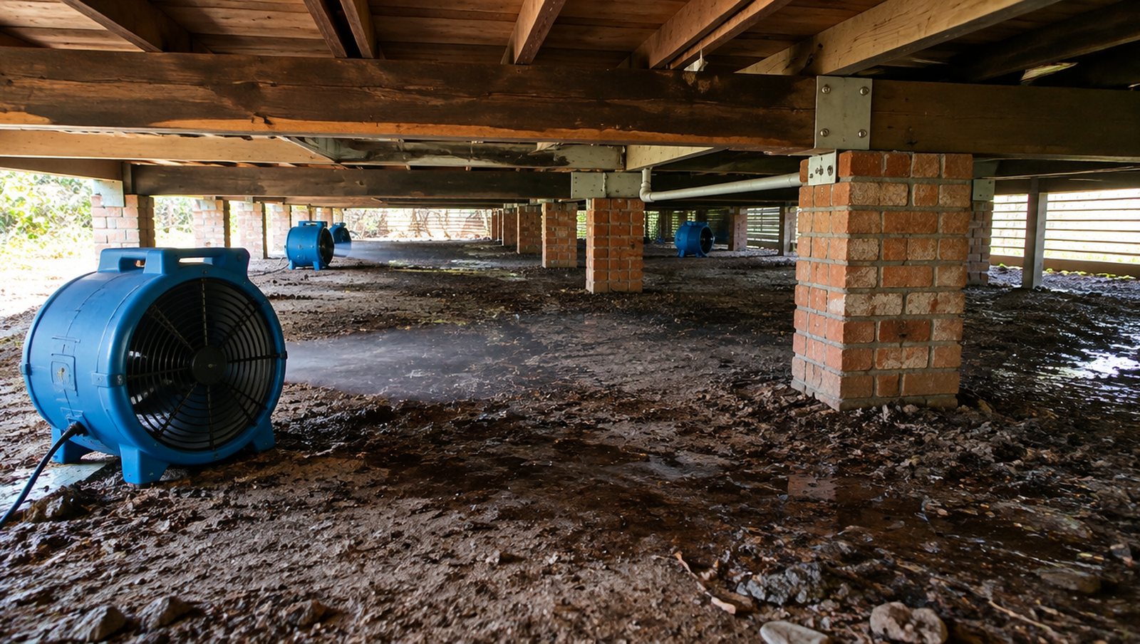 Air movers set into the subfloor void under an elevated Queensland house